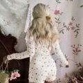 CottageSlumber Combinaison côtelée à manches longues avec imprimé nœud et cœur, style décontracté et confortable pour femmes