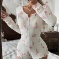 Combinaison Pyjama Femme en Tricot Jacquard à Fleurs