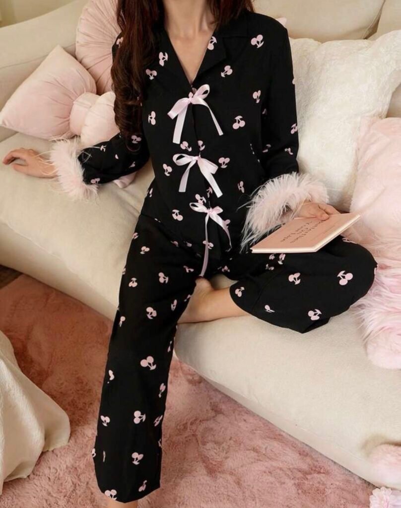 Ensemble Pyjama Femme Noir à Motif Cerises et Nœuds