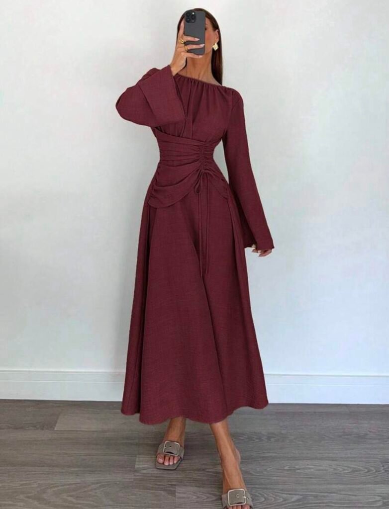 Siren Gaze Robe longue à manches longues avec taille cintrée élégante pour femmes