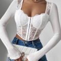 ملابس صيفية من SHEIN BAE، توب دانتيل أنيق مناسب للمنزل والخروج، بتصميم مستوحى من جلسات الشاي والستايل الملكي، مناسب للخروجات، شاي بعد الظهر، الحفلات والسفر، بأكمام طويلة، ومناسب أيضاً لعيد الحب
