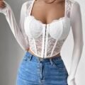 ملابس صيفية من SHEIN BAE، توب دانتيل أنيق مناسب للمنزل والخروج، بتصميم مستوحى من جلسات الشاي والستايل الملكي، مناسب للخروجات، شاي بعد الظهر، الحفلات والسفر، بأكمام طويلة، ومناسب أيضاً لعيد الحب
