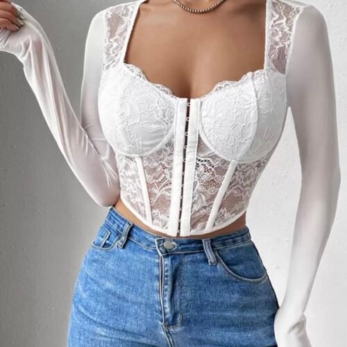 ملابس صيفية من SHEIN BAE، توب دانتيل أنيق مناسب للمنزل والخروج، بتصميم مستوحى من جلسات الشاي والستايل الملكي، مناسب للخروجات، شاي بعد الظهر، الحفلات والسفر، بأكمام طويلة، ومناسب أيضاً لعيد الحب