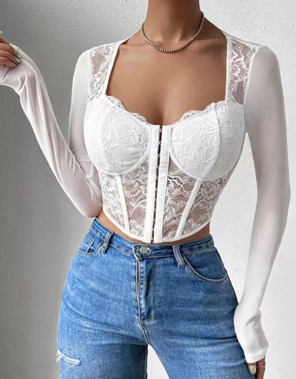ملابس صيفية من SHEIN BAE، توب دانتيل أنيق مناسب للمنزل والخروج، بتصميم مستوحى من جلسات الشاي والستايل الملكي، مناسب للخروجات، شاي بعد الظهر، الحفلات والسفر، بأكمام طويلة، ومناسب أيضاً لعيد الحب
