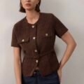Veste courte à fleurs en métal à simple boutonnage en tweed avec ceinture pour l'été pour femmes