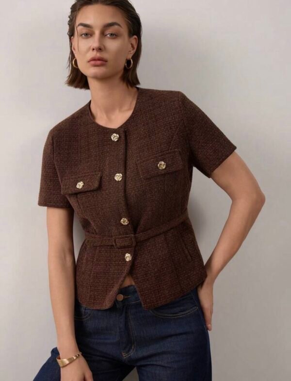 Veste courte à fleurs en métal à simple boutonnage en tweed avec ceinture pour l'été pour femmes
