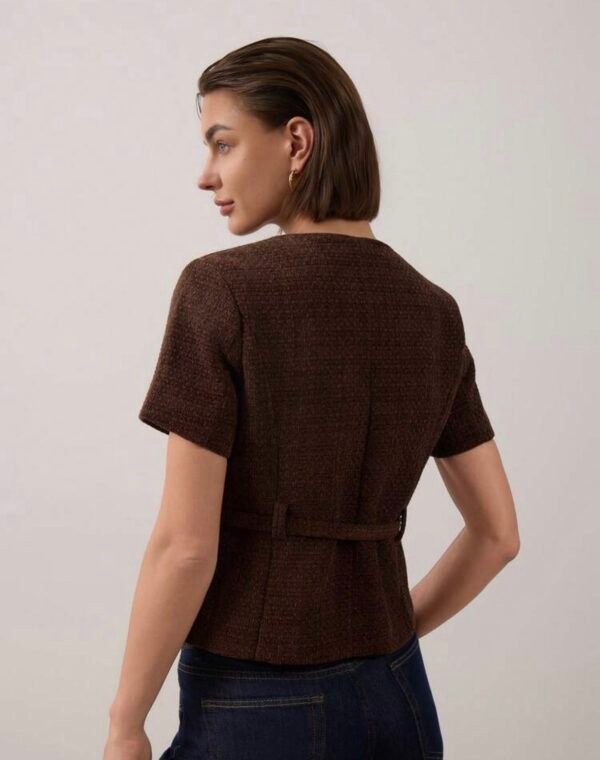 Veste courte à fleurs en métal à simple boutonnage en tweed avec ceinture pour l'été pour femmes