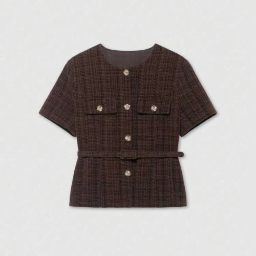 Veste courte à fleurs en métal à simple boutonnage en tweed avec ceinture pour l'été pour femmes