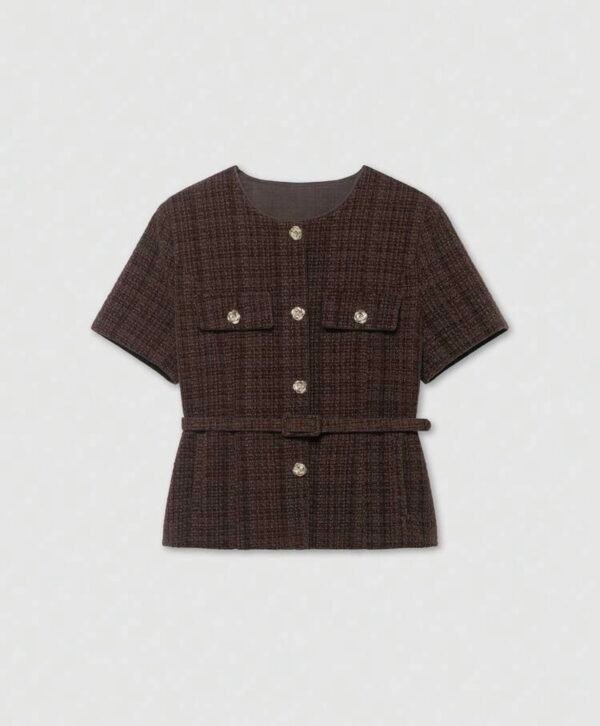 Veste courte à fleurs en métal à simple boutonnage en tweed avec ceinture pour l'été pour femmes