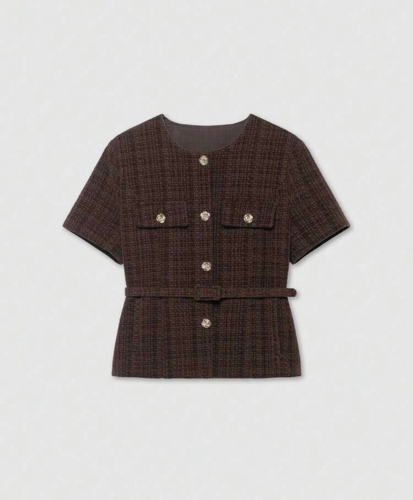 Veste courte à fleurs en métal à simple boutonnage en tweed avec ceinture pour l'été pour femmes