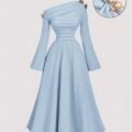 SHEIN MOD Robe midi asymétrique à une épaule noire et dorée pour femmes, élégante, chic automne/hiver, pour soirée, dîner, fête, Thanksgiving, Nouvel An, Noël