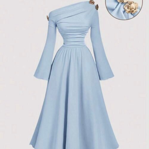 SHEIN MOD Robe midi asymétrique à une épaule noire et dorée pour femmes, élégante, chic automne/hiver, pour soirée, dîner, fête, Thanksgiving, Nouvel An, Noël
