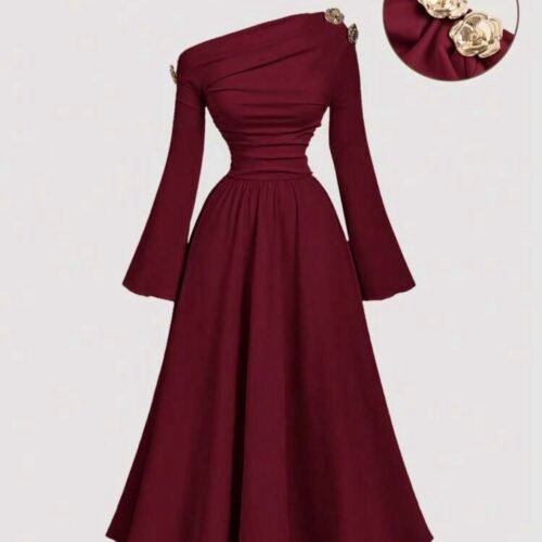 SHEIN MOD Robe midi asymétrique à une épaule noire et dorée pour femmes, élégante, chic automne/hiver, pour soirée, dîner, fête, Thanksgiving, Nouvel An, Noël