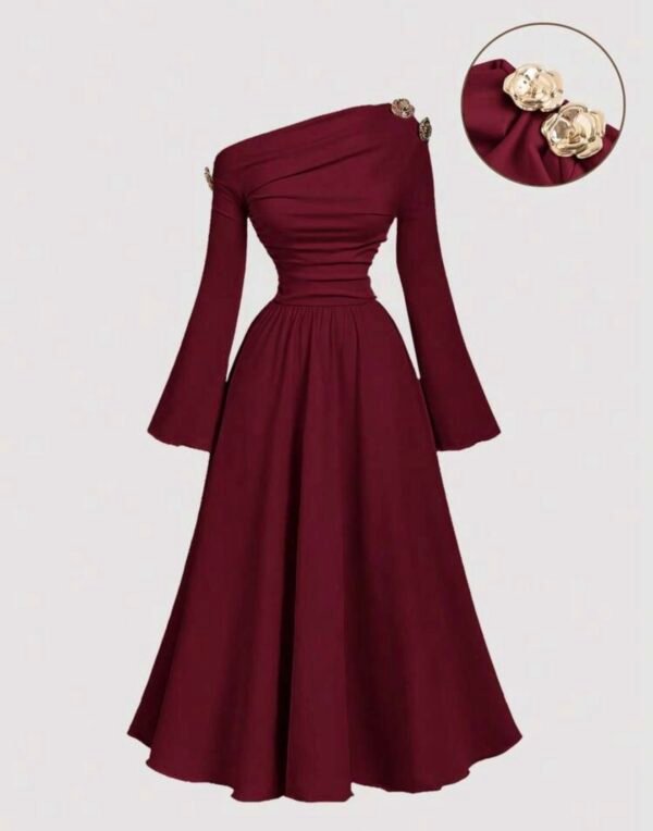 SHEIN MOD Robe midi asymétrique à une épaule noire et dorée pour femmes, élégante, chic automne/hiver, pour soirée, dîner, fête, Thanksgiving, Nouvel An, Noël