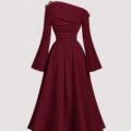 SHEIN MOD Robe midi asymétrique à une épaule noire et dorée pour femmes, élégante, chic automne/hiver, pour soirée, dîner, fête, Thanksgiving, Nouvel An, Noël